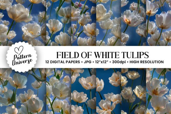Field of White Tulip Flowers Pattern for Creative Projects